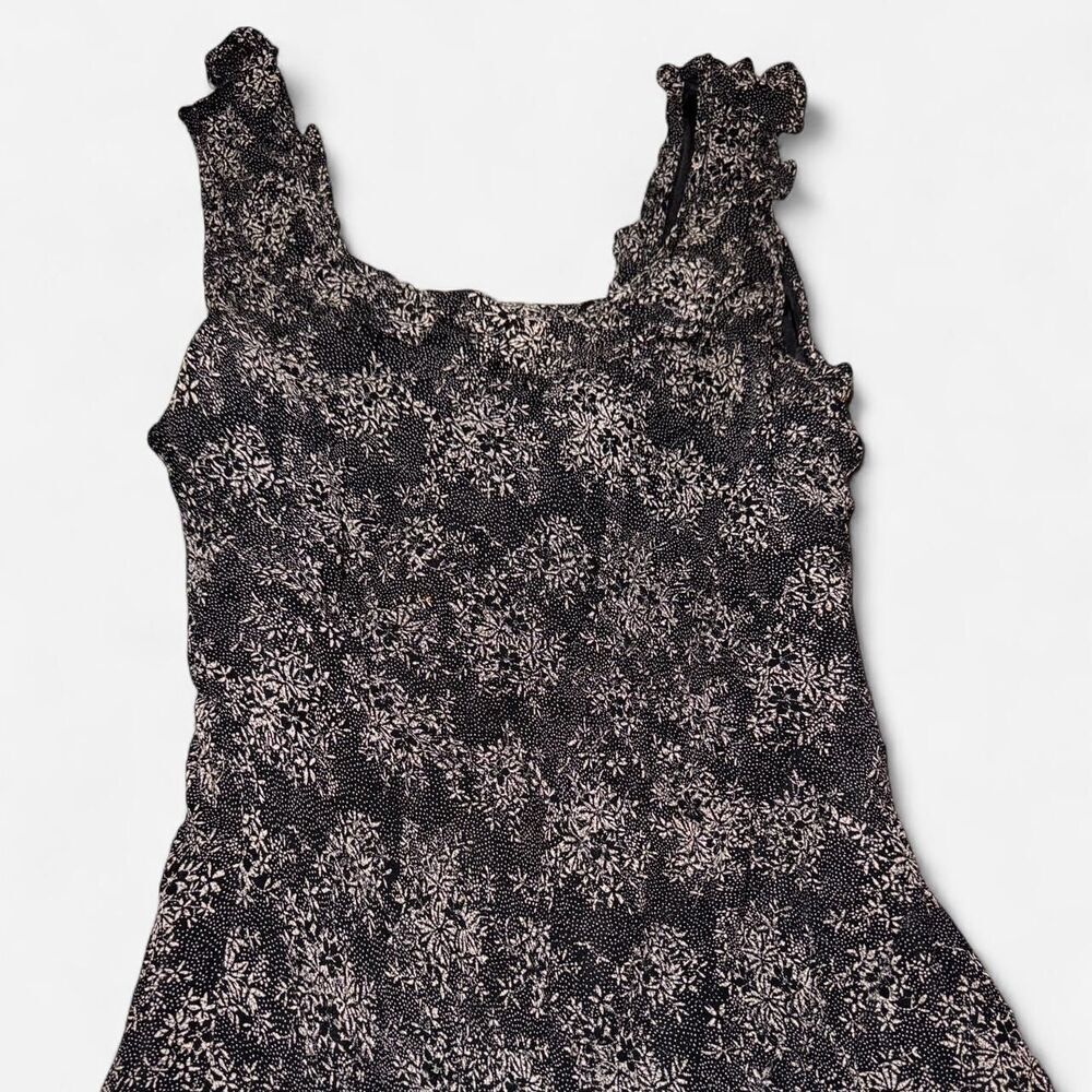 90s Eva Blue Black and Tan floral beaded ruffle dress - Picture 3 of 8